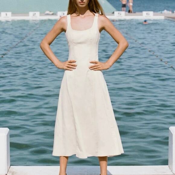 NWOT Zara Cream Ivory Topstitch Midi Square Neck Dress Women’s Size XS - Picture 3 of 14